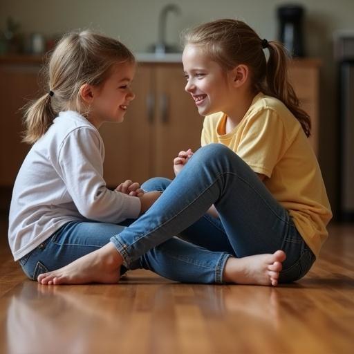 Two girls sitting on a wooden floor. One girl is smiling. Both girls are barefoot. They wear casual outfits. The floor reflects light. The girls are engaged in playful interaction.