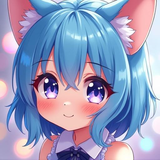Anime illustration of a catgirl with vivid blue hair. Detailed portrait featuring soft gradients and delicate facial features. Large eyes convey expressiveness. Character has subtle whiskers and a serene expression. Catgirl has a mischievous smile. Surrounding colorful soft lighting enhances the overall look. High-quality 4K image.