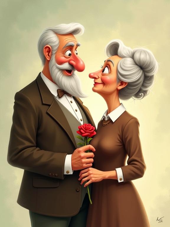 A whimsical digital painting portrays an elderly couple standing together. The gentleman wears a dark brown suit and holds a red rose. His wife in a brown dress gazes back at him. Background features a soft wash of sage green and beige with texture. Gentle lighting envelops the scene.