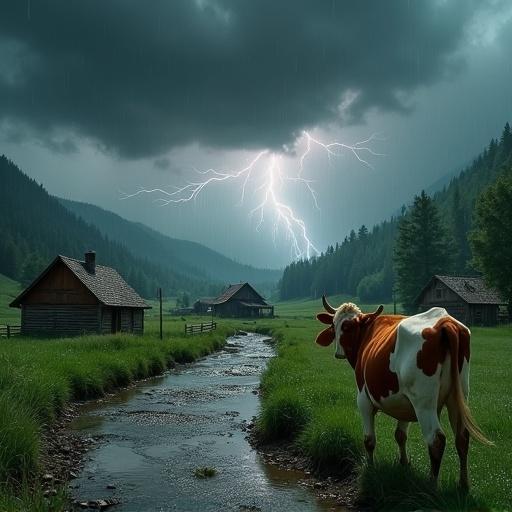 A dark thunderstorm above a rural valley with rain hitting wooden homes, a muddy road, and a creek. Lightning flashes behind a red and white cow looking at a distant farmhouse.