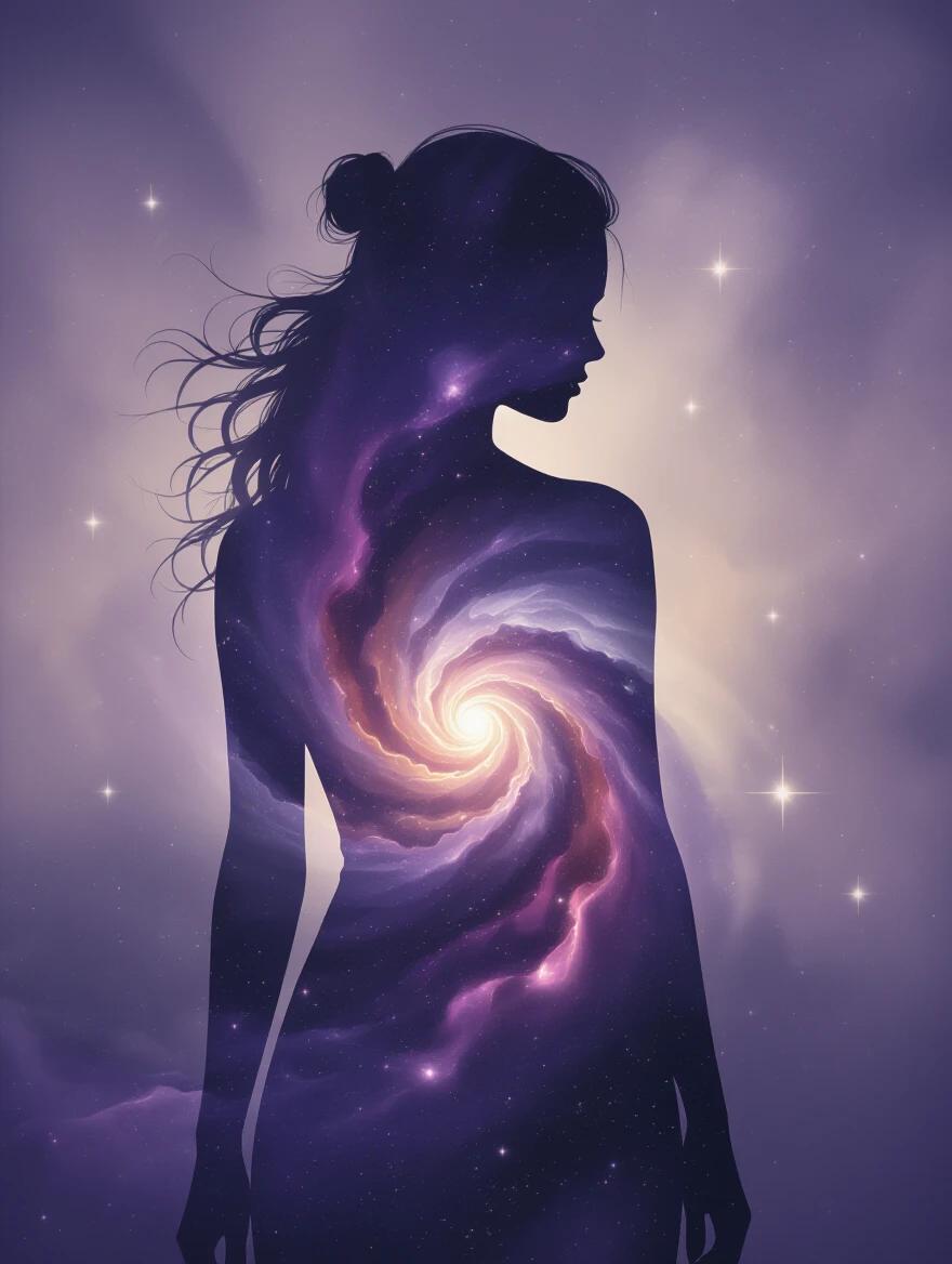 Frontal silhouette of a woman reveals a swirling galaxy. The galaxy features radiant stars and nebulae. The style resembles double exposure with soft ink brush blending. There is an atmospheric glow around the figure. The dominant colors are dark purple and silver. The overall theme is cosmic and introspective with poetic lighting.