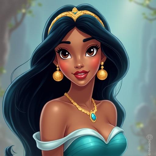 Create an image of a princess inspired by Jasmine from Arabian folklore. Character has long dark hair flowing elegantly. Ornate jewelry adorns the character indicating royalty. Soft blue and green outfit complements the overall theme. Background suggests a mystical forest setting with diffused light.