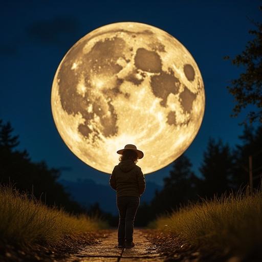 Child stands on a path under a large glowing moon. The scene captures a peaceful nighttime atmosphere. The background shows trees and soft grass. Imagery evokes fantasy and exploration. Moon appears as a cardboard or spotlight creation.