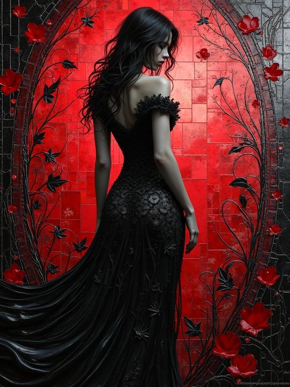 A Gothic styled young woman's back is shown wearing a black dress against a red and black mosaic background. There are red roses surrounding the figure. The image captures an essence of mystery.