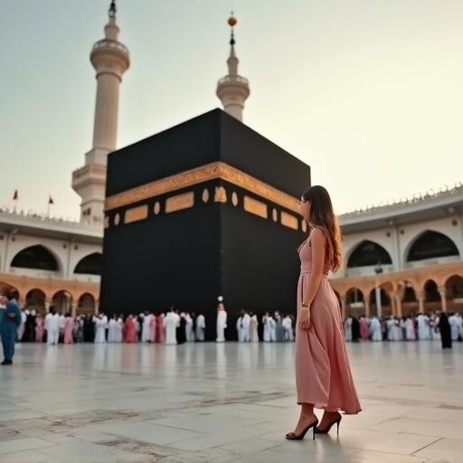 Girl stands next to the Kaaba in Mecca wearing high heels. Evening scene captures the Kaaba and surrounding crowds. Warm light illuminates the setting.