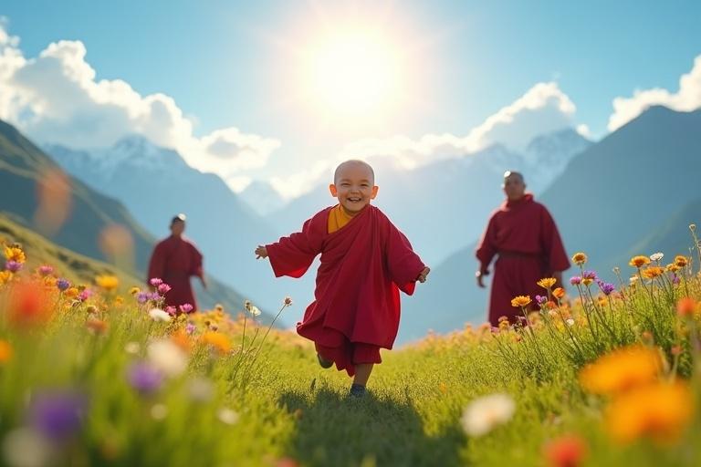 Young Milarepa, 5 years old, running through a colorful meadow wearing a red robe. His parents chase him lovingly. Distant mountains in the background, sunny day with vibrant flowers, evoking happiness.
