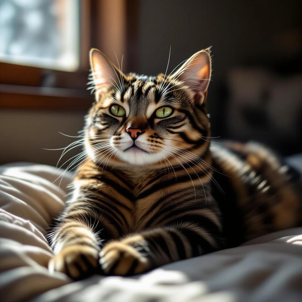 Cinematic film still depicting a cat basking in the sun. Scene highly detailed with moody lighting and epic atmosphere. Features film grain effect and high-budget Hollywood movie aesthetics.