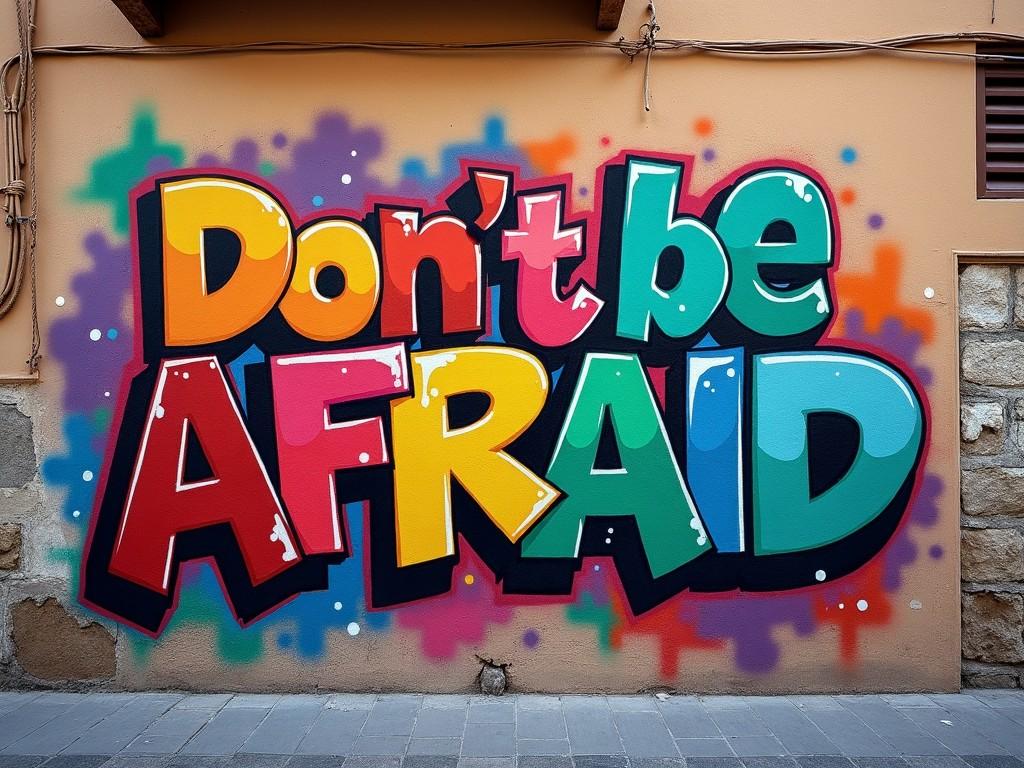 A wall with bold black graffiti reading 'DON'T BE AFRAID' in capital letters on a warm, sand-colored background.