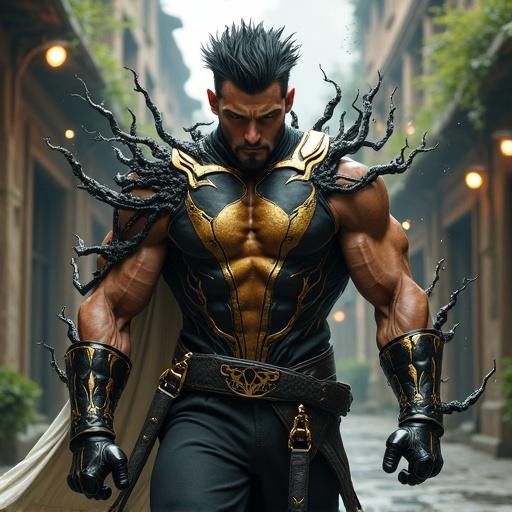 Full-body shot of a tall muscular man in an athletic pose. Man wears a black and gold suit with organic tendrils. Intense gaze with short spiked black hair. Background is a rustic urban environment with greenery. Body wrapped with details emphasizing muscles and textures. Natural lighting enhances the scene. Atmosphere depicts a gritty battle-worn guild.