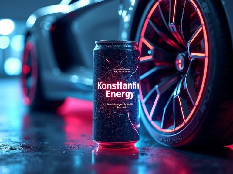 Futuristic design of an energy drink can titled 'KONSTANTIN ENERGY'. Can features electric circuit design. Show car with glossy wheel in silhouette. Close-up view with dynamic lighting.