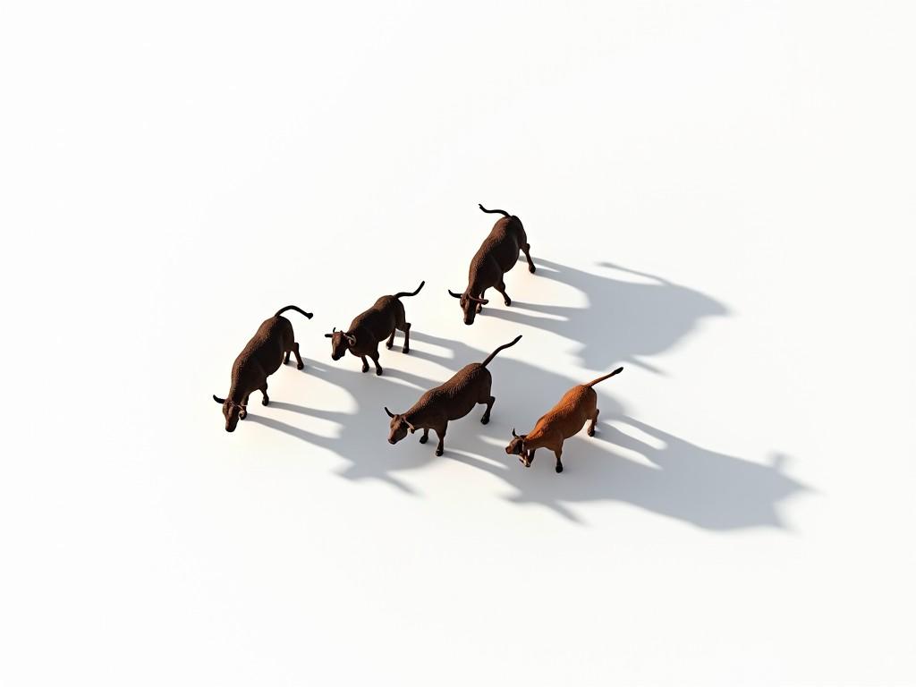 The image shows a small group of four cows on a plain white background. They are depicted realistically from an aerial perspective, looking down diagonally. The cows are engaged in various activities; some are eating while others are either sleeping or looking around. Each cow casts a distinct shadow off to the bottom right, highlighted by the bright lighting. The scene captures the essence of farm life in a minimalistic setting.