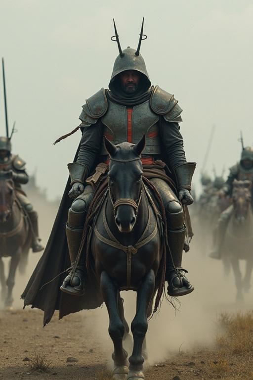 Futuristic soldier character on horseback in an epic battle scene with tanks and other soldiers fighting.