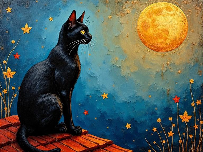 Colorful portrait of a black cat on a rooftop looking at a golden crescent moon. Style inspired by Gustav Klimt, featuring thick brush strokes and decorative motifs.
