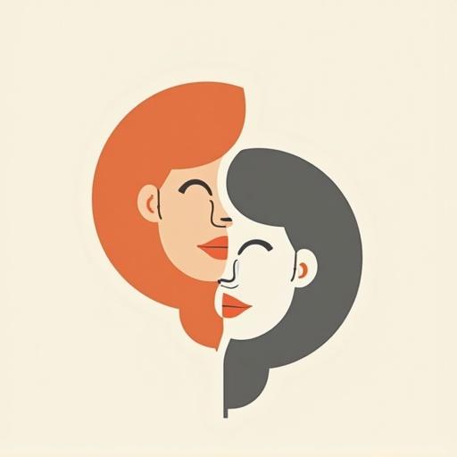 Simple abstract symbol representing emotional stability. Two faces combined into one. One face is red and the other is black. The design is minimalist and modern.