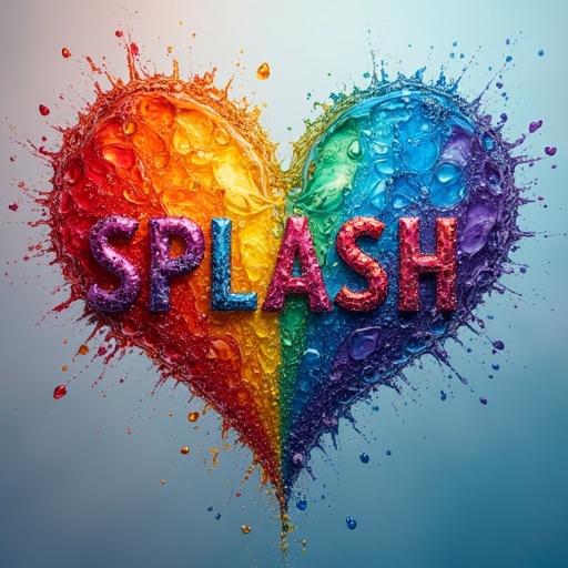Creative movie poster featuring the title SPLASH in rainbow letters. There are splashes of color and hearts. The design includes pride and trans flags along with male and female gender symbols. The style is hyper-realistic photography.