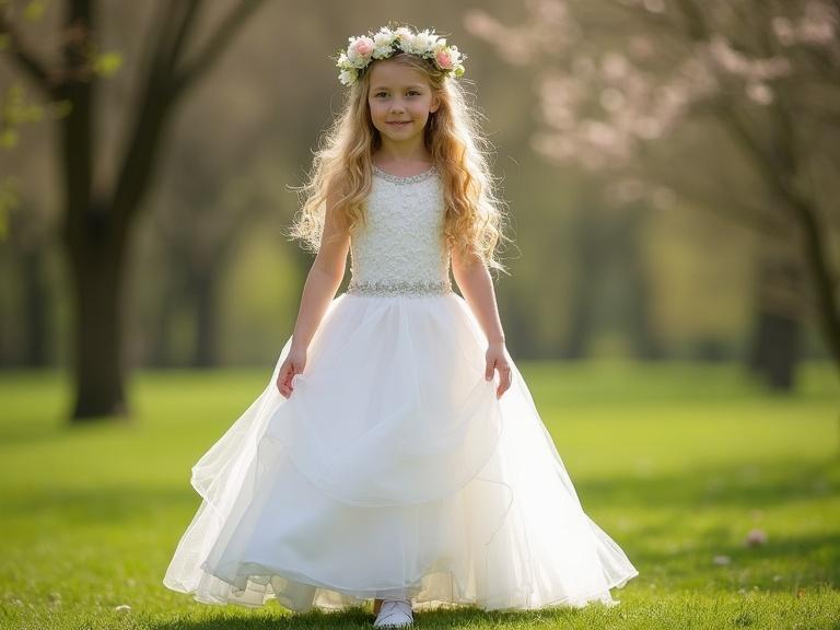 A professional dynamic photograph of a ten-year-old slim girl dressed in a ruffled communion dress walking in a spring park