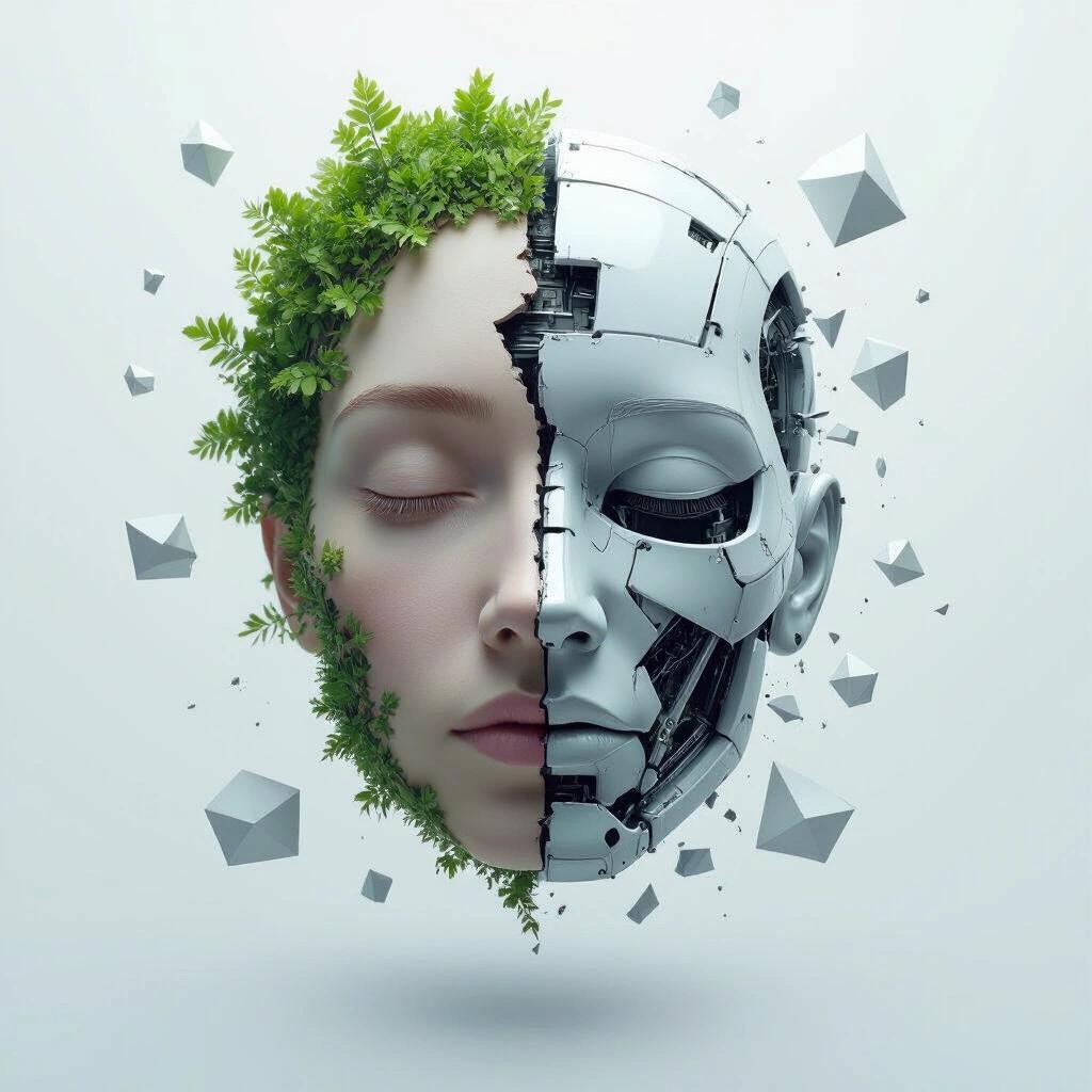 A face split in two. One half has organic features with greenery. Other half features mechanical elements. Background is a white void. Surrounding are surreal geometric shapes.