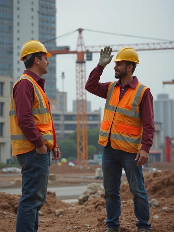 Image of a construction worker and an engineer greeting each other on a building site. Both men wear safety vests and hard hats. Background shows cranes and a construction site.