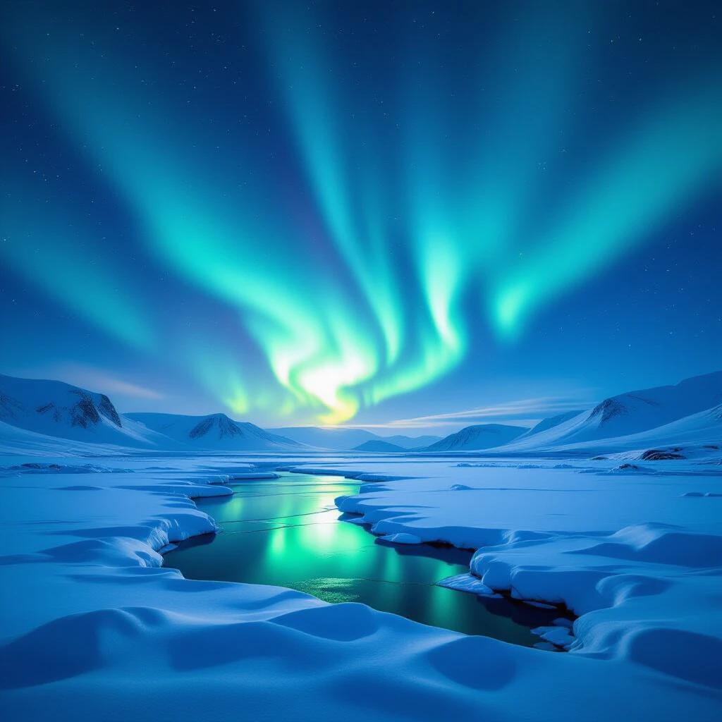 A vibrant aurora borealis dances over a vast frozen landscape. The scene is hyper-realistic and cinematic. The image captures this natural phenomenon in high resolution 8K clarity.