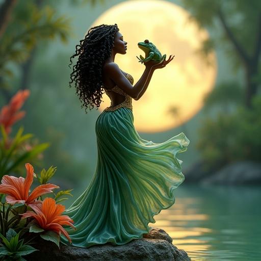 Ultra-detailed and hyper-stylized resin figure based on a fairy tale princess. Dark-skinned woman with a curvy body, kissing a frog. She stands on a rock by the water, dressed in a flowing green and gold dress. Long, curly hair floats in the air. Scene is lit by a full moon, surrounded by tropical flowers. Designed for resin printing with elegant and magical details.