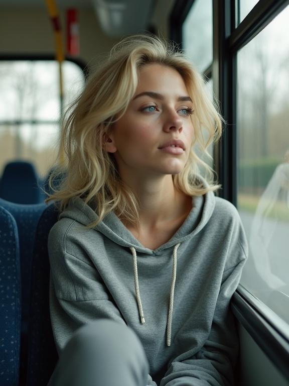 Low-resolution image taken on a moving bus. Gorgeous blonde woman in casual clothes; tight joggers and a loose hoodie. She gazes out the window with a soft focus and pixelation around her face.