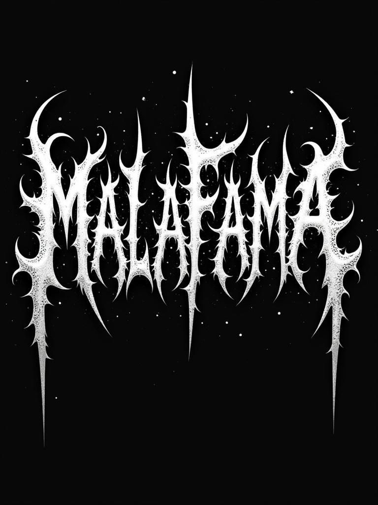 Logo designed with the word MALAFAMA. Lettering in black metal style. Features sharp and jagged typography. Color scheme is black and white. Ominous and detailed design. Patterns and spikes included.