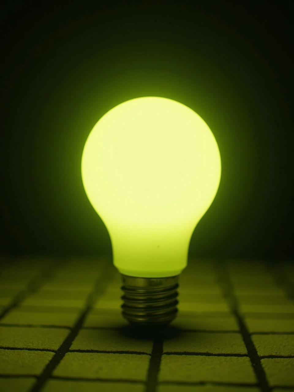 A single glowing green lightbulb on a tiled surface, surrounded by darkness.