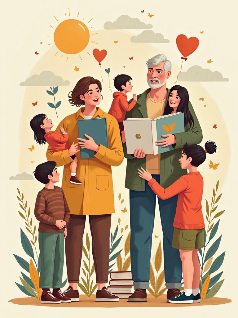 Visual representation of human life journey. People at different life stages. Families engaging in learning and celebration. Surround with symbols of experience. Use warm, inviting colors. Convey growth and connection. Evoke joy and love.