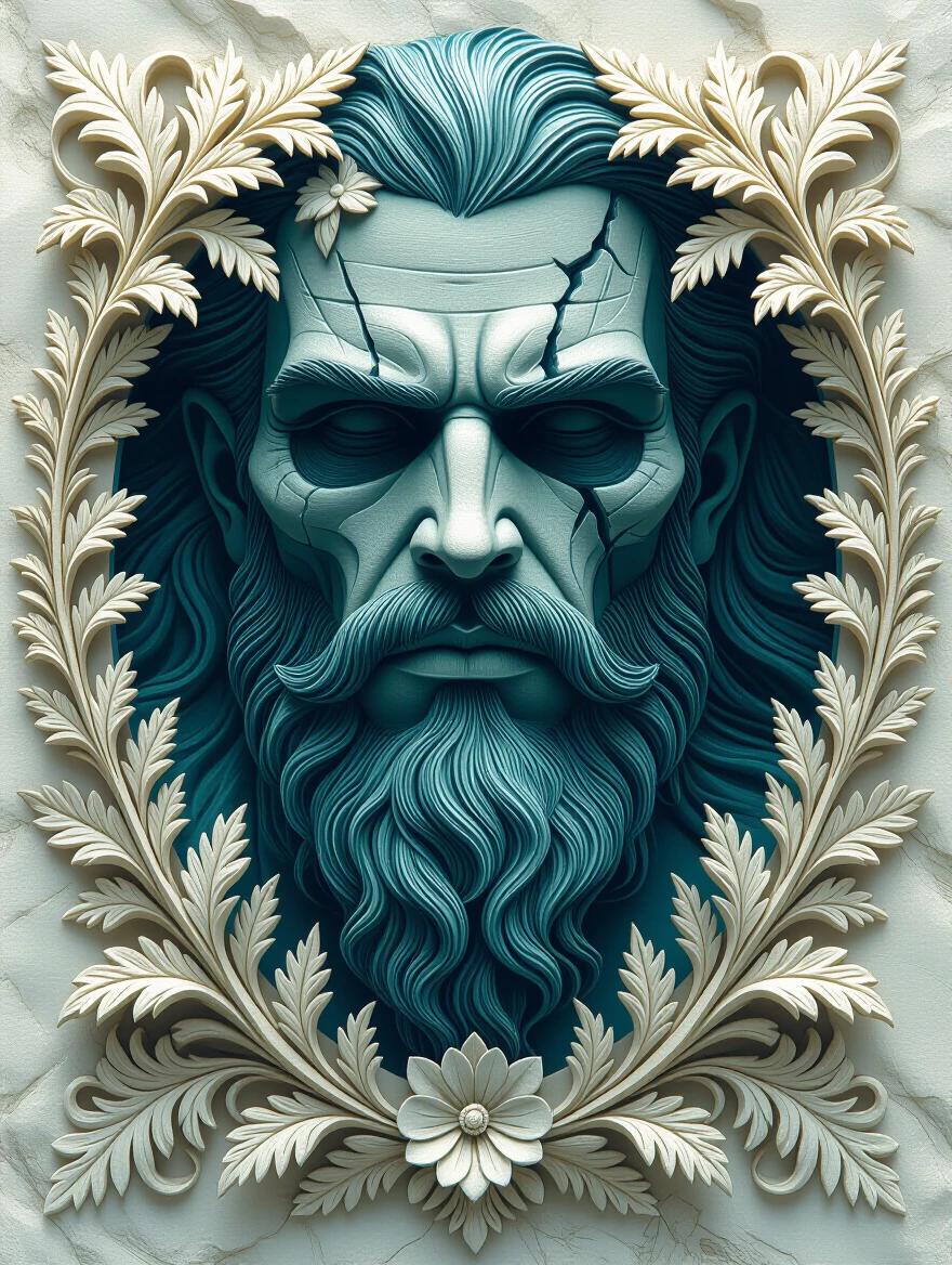 Intricate carving displays detailed foliage in dark cyan and white colors. An empty central area outlines a mythical undead pirate design. Style inspired by Nicolas Delort's art. Epic fantasy theme. Symmetrical framing with a focus on artistry.