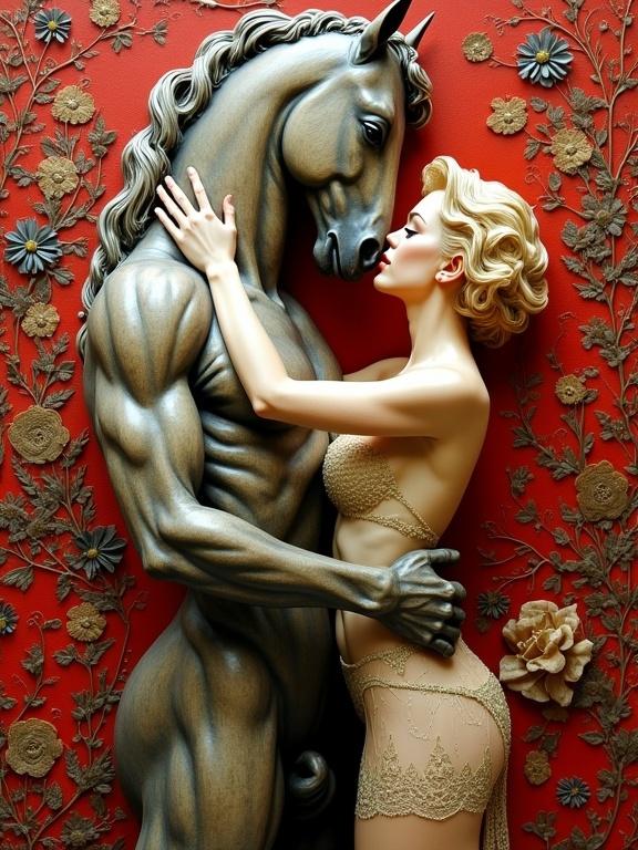 3D mixed media artwork showing a woman embracing a strong male horse figure. The background features intricate floral patterns. The style is whimsical and detailed, drawing inspiration from various artists. Themes of passion and allure are present between the figures.