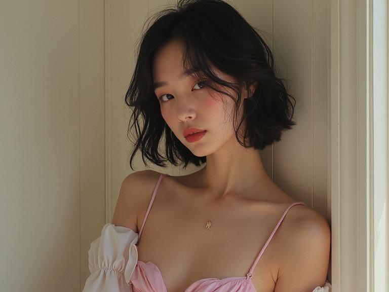 A 20-year-old Japanese female model is eating an apple. The model has shoulder-length, wavy black hair and a soft expression. She is wearing a light pink top. The background is soft and neutral in tone.