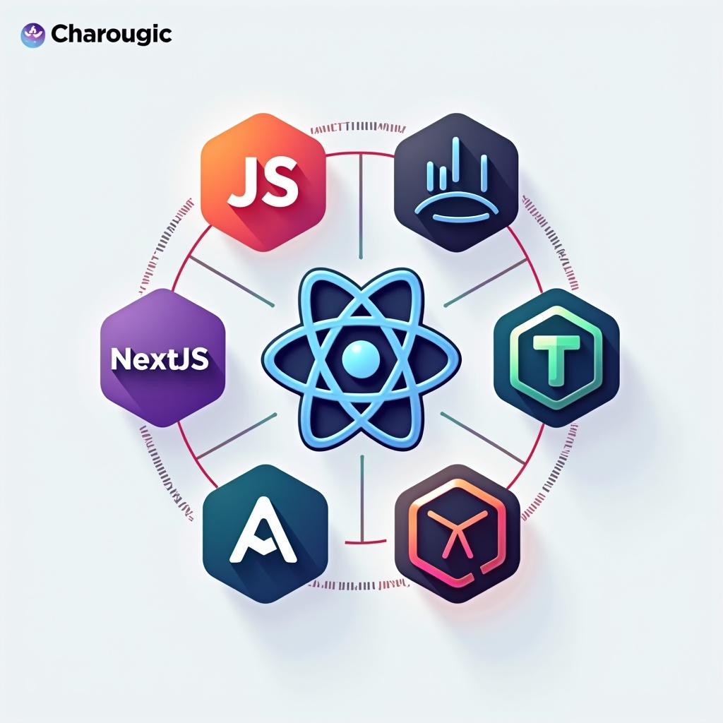 A logo design showcasing various tech stacks. The central logo represents React, surrounded by logos for NextJS, Tailwind, TypeScript, JavaScript, and NodeJS. They are arranged in a circular layout with vibrant colors.