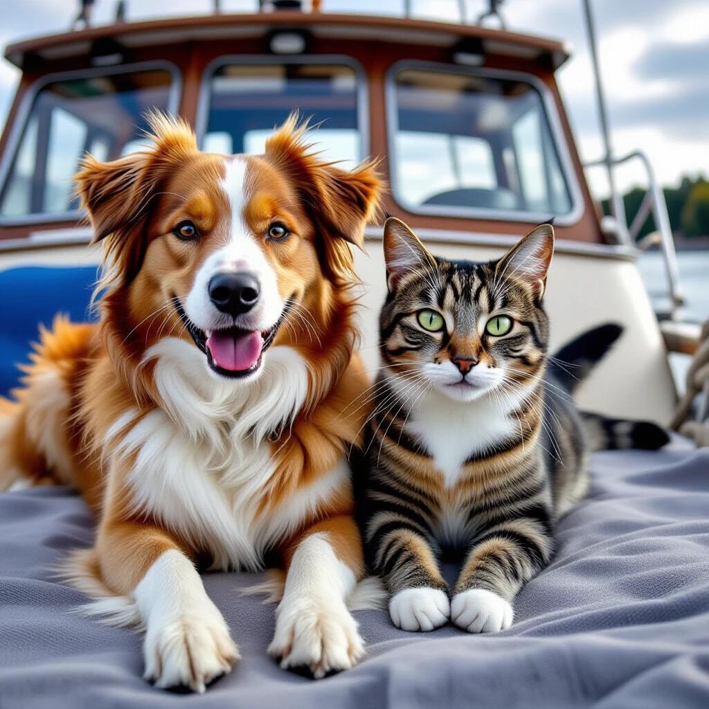 Dog and cat relaxing together on a boat. The scene exhibits hyperrealism. Captured using an iPhone camera.