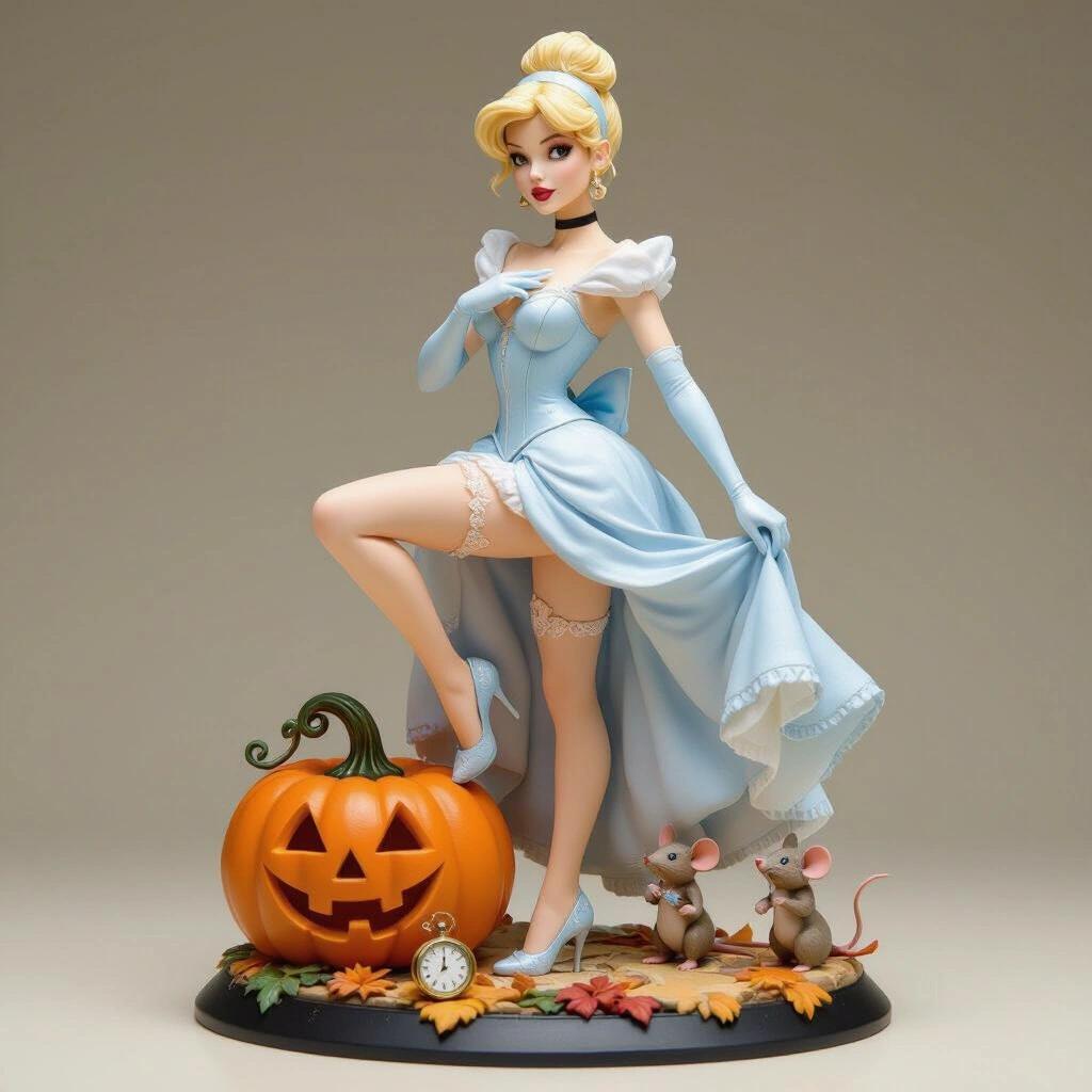 Ultra-detailed resin figure inspired by Cinderella. Elegant blonde woman stands with one leg raised on a pumpkin. She adjusts her garter with hands. Back arched, confident expression. Base includes magical pumpkin, pocket watch, and two dressed-up mice. Striking mystical style.