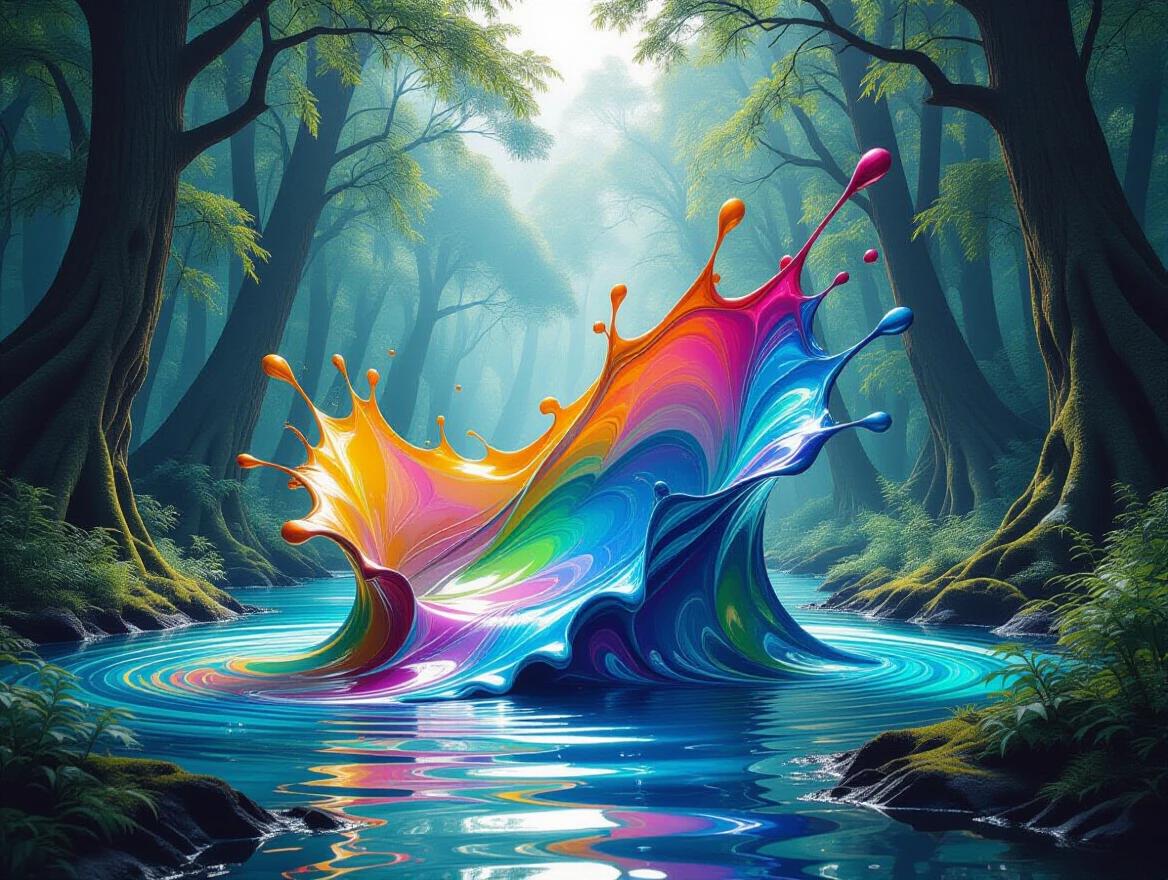 A sculpture of a colorful splash in a luminous elven forest. The splash features voluminous strokes of iridescent oil paint. Soft light flows through towering trees around the splash.