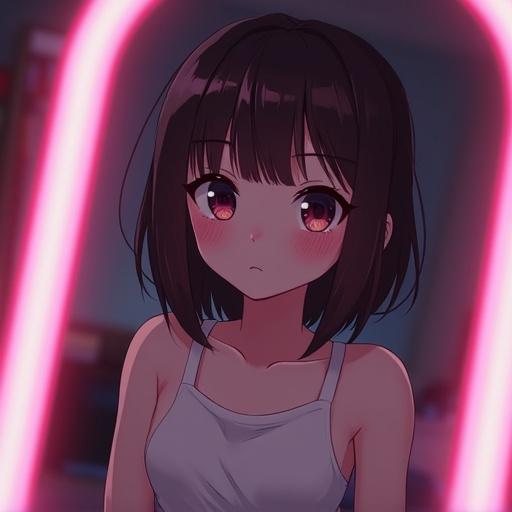 A realistic selfie of a cute, petite brunette girl in a slightly dark pink and white gaming bedroom, with a round face. The image has a slightly blurry quality and avoids anime style.