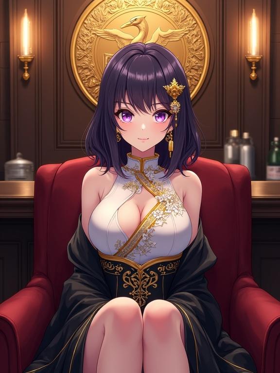 Highly detailed and vibrant illustration of a fair-skinned lady with semi-long dark violet hair. She wears a white top with golden floral embroidery and a black semi-long skirt. Large golden earrings adorn her ears. Seated on a plush velvet chair in a luxurious bar interior with a dark wood panel background and a grand golden emblem.