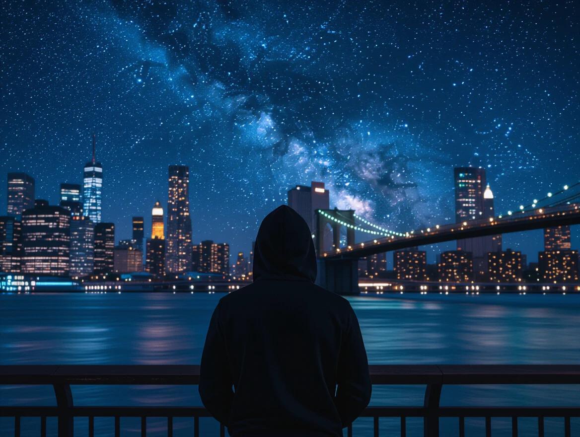 A person in a black hoodie standing on a bridge. The city skyline is visible at night. The sky is filled with stars and a galaxy. A tranquil water body reflects the city lights.