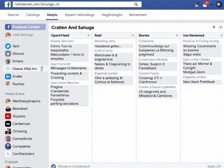 Facebook interface showing a content calendar with post ideas. Sections for videos, stories, reels, and user-generated content are visible. Relevant for social media strategies.