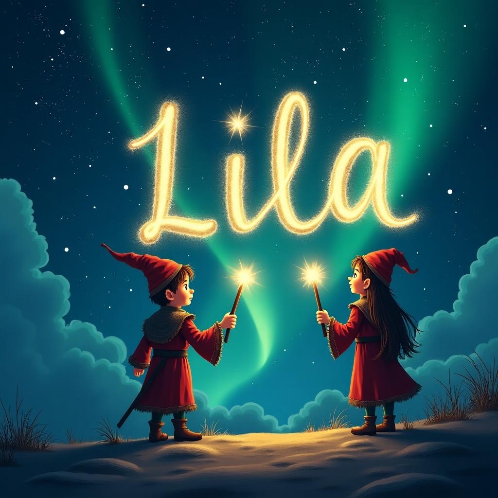 A boy and a girl dressed as traditional elves write the name Lila with magical wands. The night sky is filled with stars and northern lights. Dark clouds provide contrast to the glowing text.