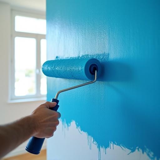 A professional painter rolling bright blue paint onto a living room wall using a paint roller. Close-up of hand with roller against wall. Natural daylight enters through a window highlighting the fresh paint texture.