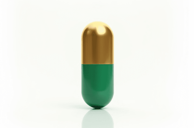 A single capsule with a golden top and a green bottom on a white background.