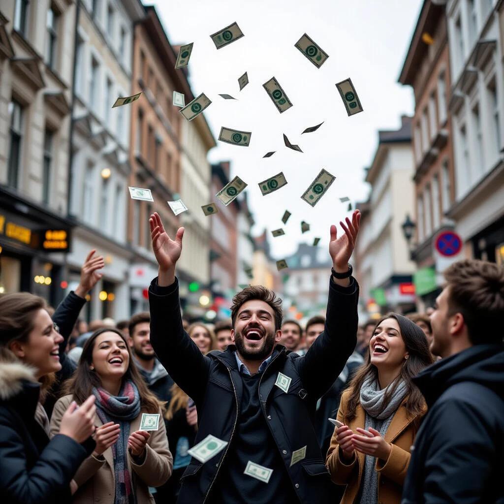 A joyful scene in a busy street with people catching money that falls from the sky. It captures the excitement and laughter among individuals as they reach for the notes. The atmosphere is festive and lively.