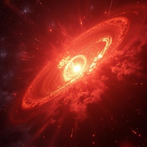 Red destructive supernova explosion in outer space with colorful remnants. The scene depicts vibrant colors and energetic patterns surrounding an explosive core.