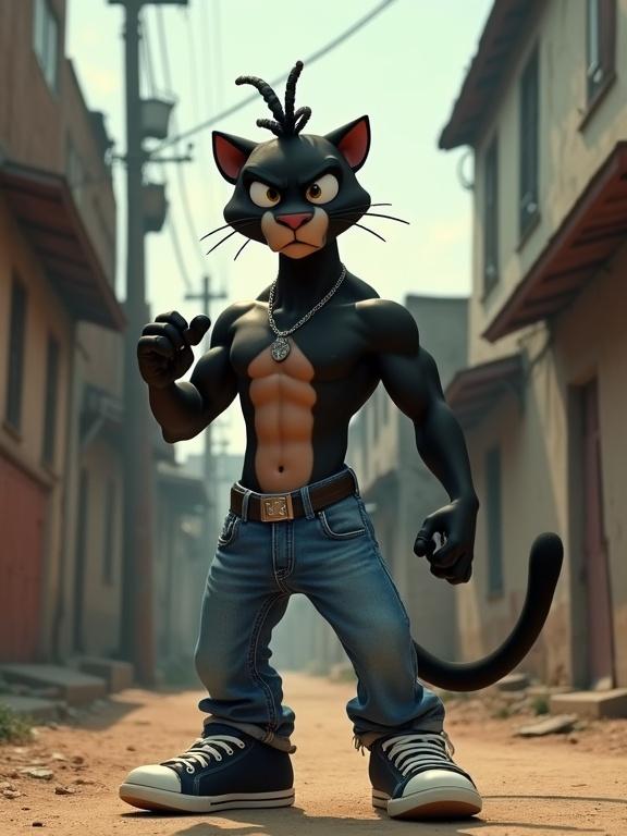 3D animated anthropomorphic panther muscular shirtless standing gritty semi-urban alleyway poor U.S. neighborhood avatar. Alley dirt road with cracked walls rusty fences leaning utility poles. Panther wearing blue jeans urban sneakers unique hip-hop hairstyle with twisted spikes. Panther mid-performance singing rapping intensely with expressive hand gestures.