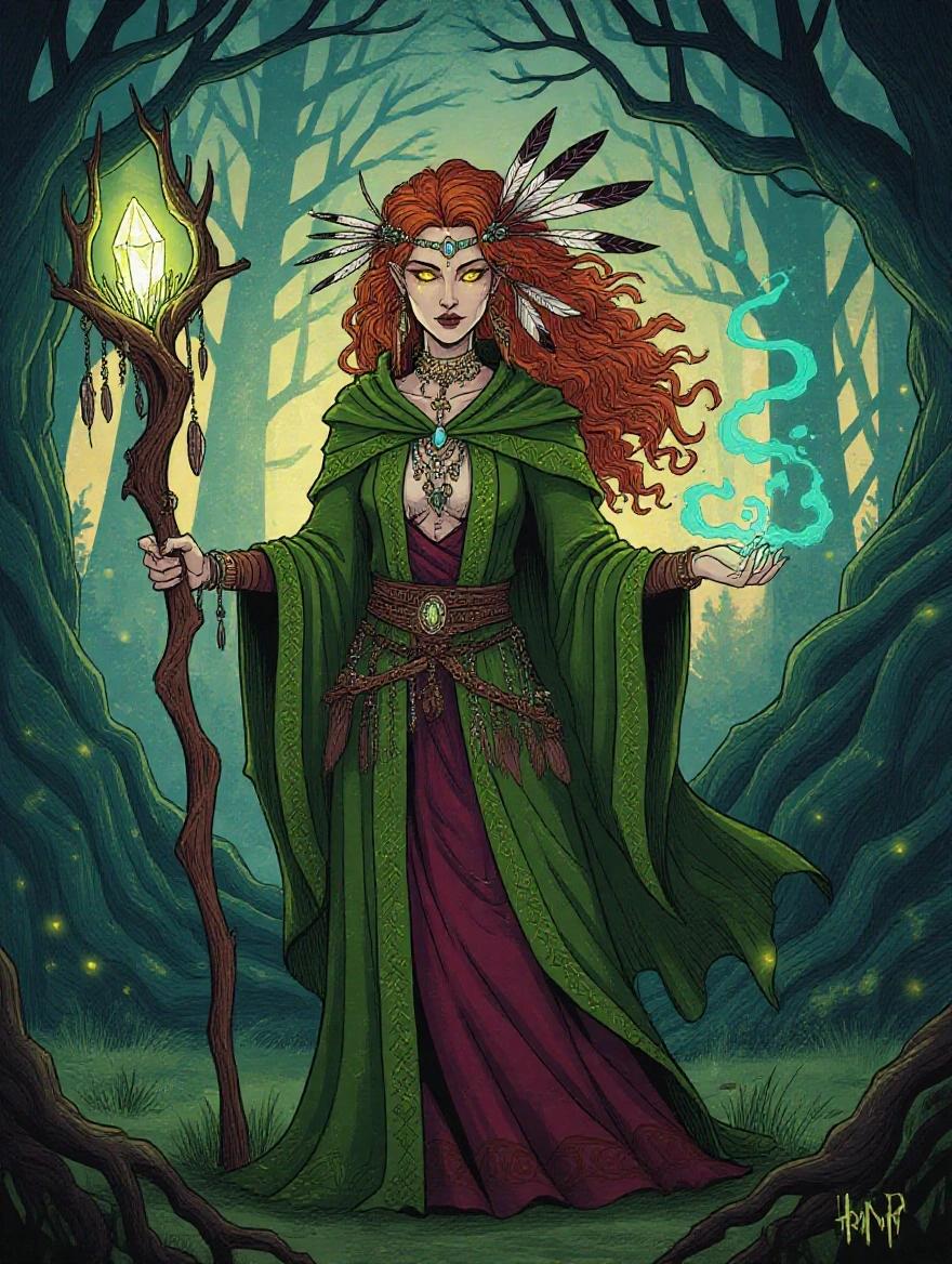 Illustration of a mystical sorceress standing in an ancient forest. She wears flowing robes of green and burgundy. Her hair is wild and adorned with feathers. She holds a staff with a glowing crystal. Wisps of energy surround her. The scene is set at dusk with a harvest moon.