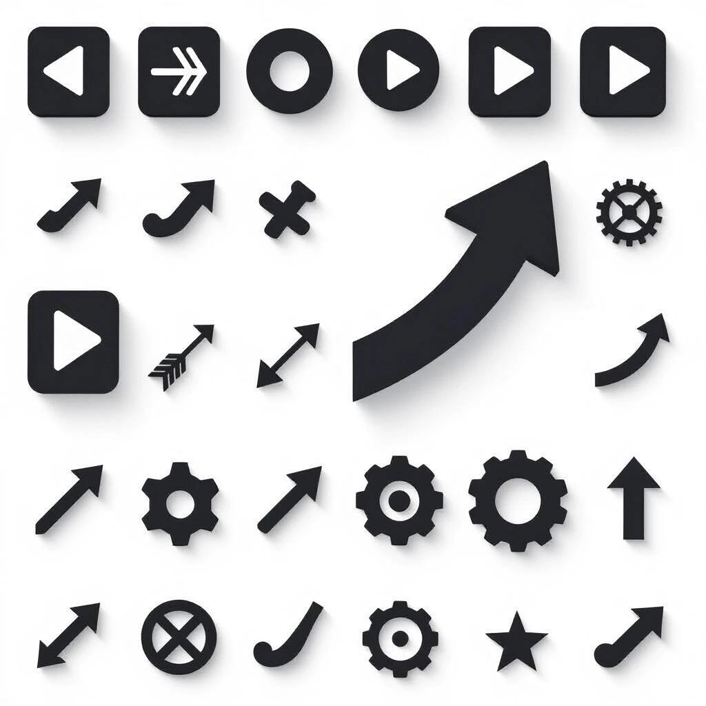 Create black 3D element arrow curving from left to up in a single arc on plain white background. Include variations of arrows and shapes in black. Focus on minimalistic design.