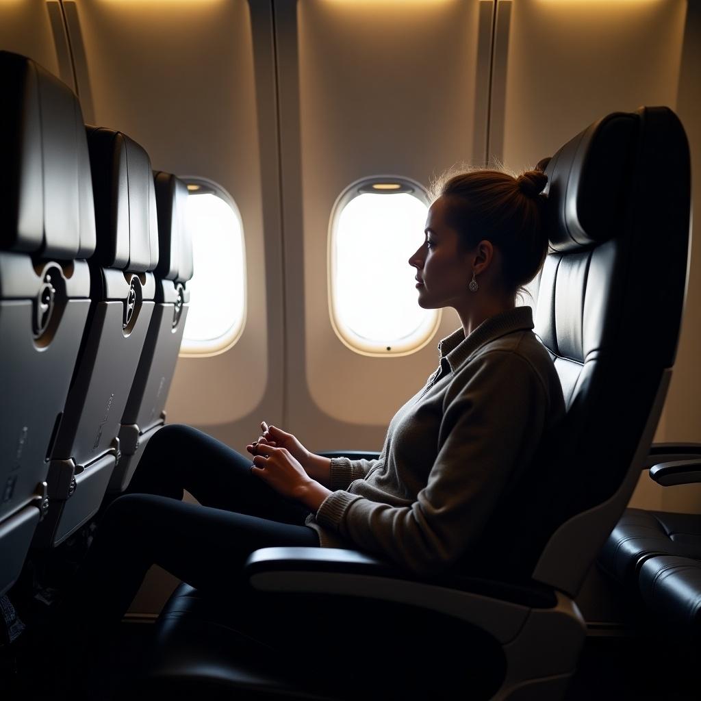 Sitting inside an airplane with a view of seats and windows. Person is relaxed and enjoying the flight experience.