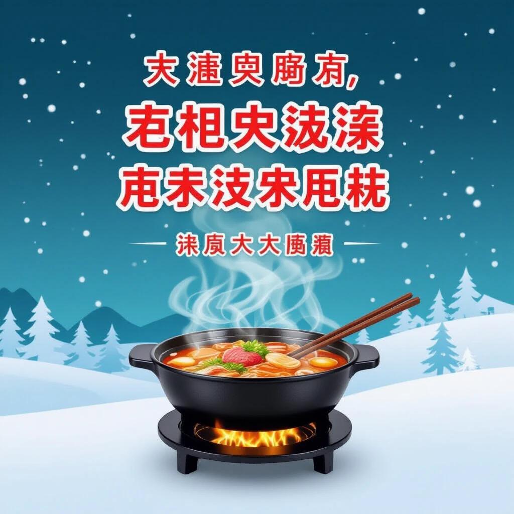 A vibrant restaurant sign for a Chongqing hot pot restaurant. It features a steaming hot pot on a stove with chopsticks. Snowfall in the background evokes a winter theme. Text prominently displays the restaurant name and a slogan.