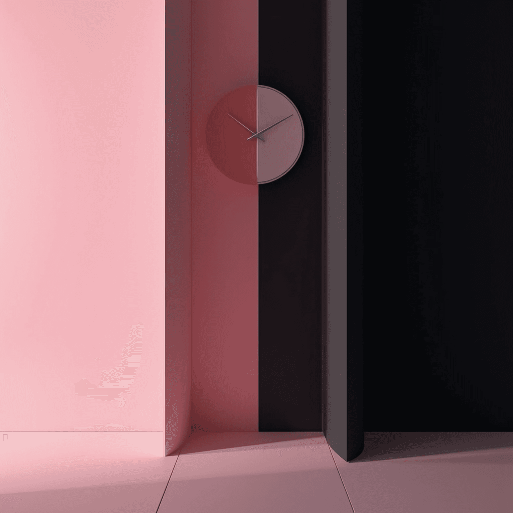 A minimalist clock hangs on a wall divided into pink and black sections.